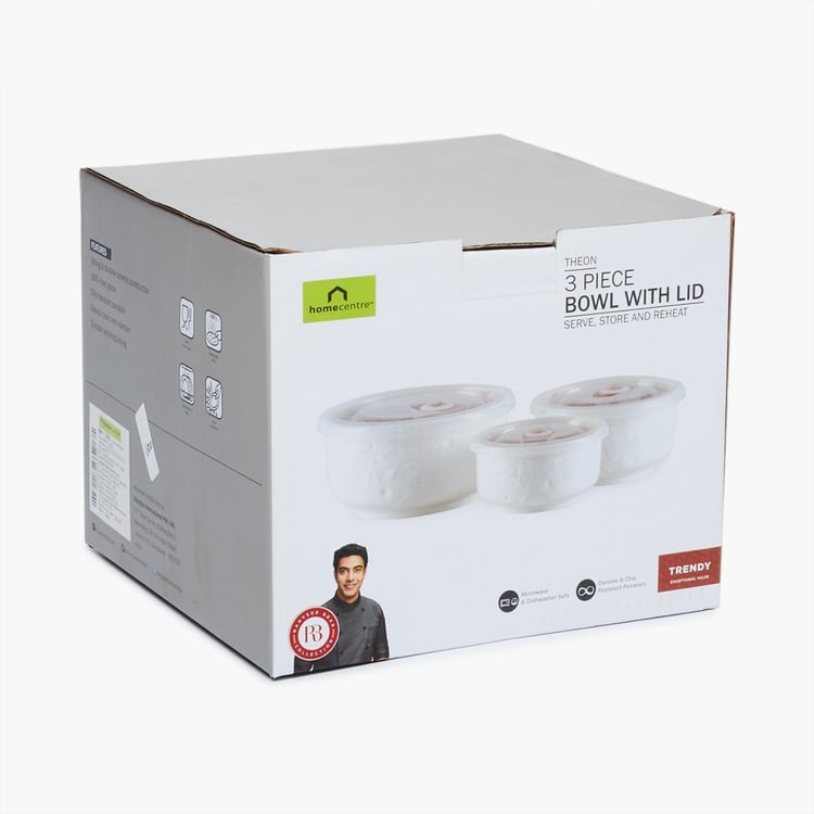 Theon-Evan Textured Sets - Porcelain - Big Bowl 16 cm x 16 cm x 7.5 cm - Medium Bowl 13 cm x 13 cm x 6.5 cm - Small Bowl 12 cm x 12 cm x 6 cm -White -Microwave Compatible