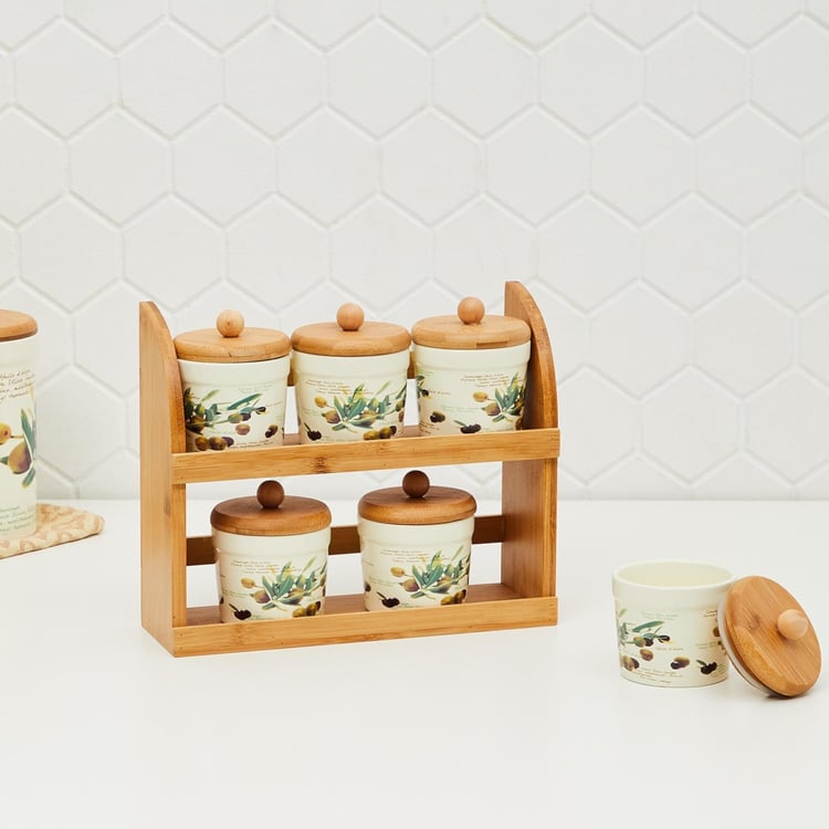 Malvina Printed Jars - Dolomite - Canister 8 cm x 8 cm x 9.5 cm - Wooden Stand 28 cm x 9.7 cm x 23 cm -Beige