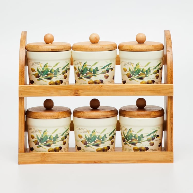 Malvina Printed Jars - Dolomite - Canister 8 cm x 8 cm x 9.5 cm - Wooden Stand 28 cm x 9.7 cm x 23 cm -Beige