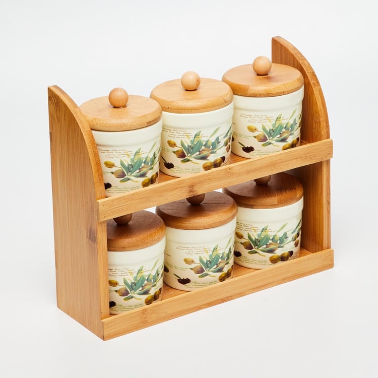 Malvina Printed Jars - Dolomite - Canister 8 cm x 8 cm x 9.5 cm - Wooden Stand 28 cm x 9.7 cm x 23 cm -Beige