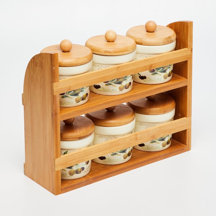 Malvina Printed Jars - Dolomite - Canister 8 cm x 8 cm x 9.5 cm - Wooden Stand 28 cm x 9.7 cm x 23 cm -Beige