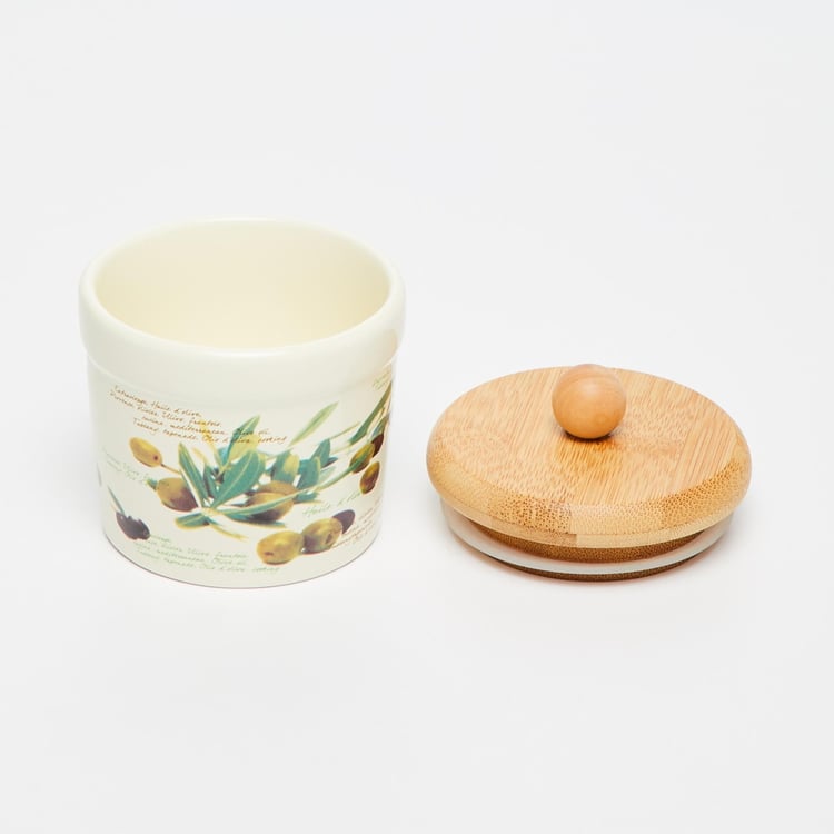 Malvina Printed Jars - Dolomite - Canister 8 cm x 8 cm x 9.5 cm - Wooden Stand 28 cm x 9.7 cm x 23 cm -Beige