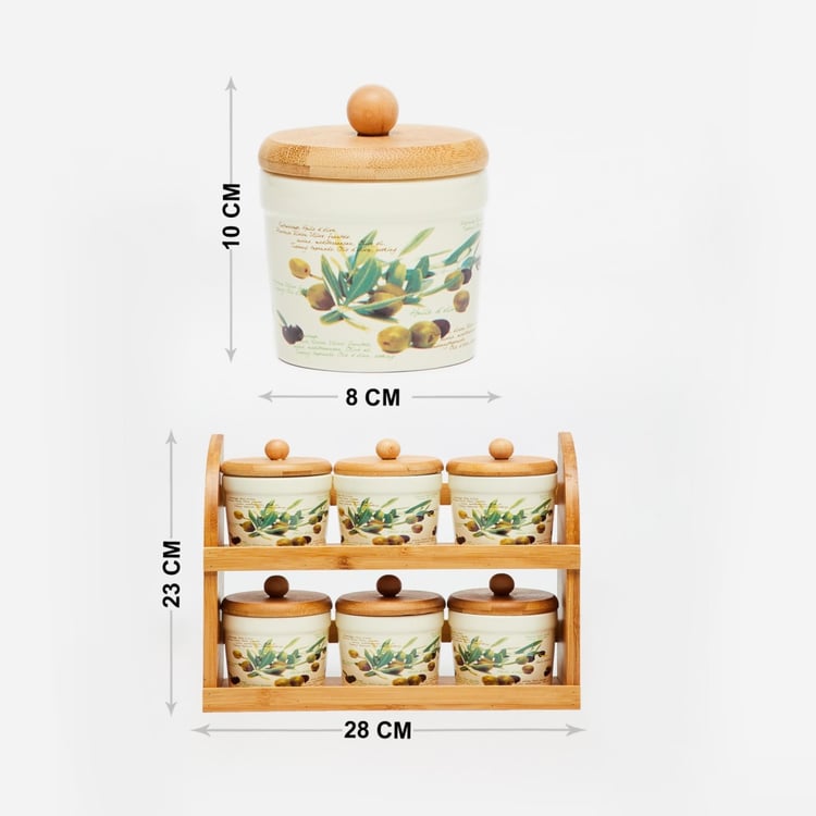 Malvina Printed Jars - Dolomite - Canister 8 cm x 8 cm x 9.5 cm - Wooden Stand 28 cm x 9.7 cm x 23 cm -Beige