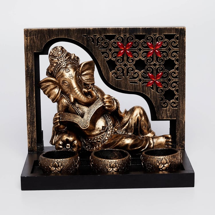 Rennaisance - Gold Polyresin Frame Ganesha Figurine With Candle Holders