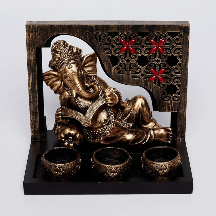 Rennaisance - Gold Polyresin Frame Ganesha Figurine With Candle Holders