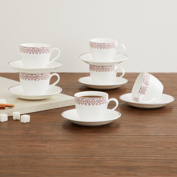Mandarin Printed Bone China Cups and Saucers- Set Of 12 Pcs.