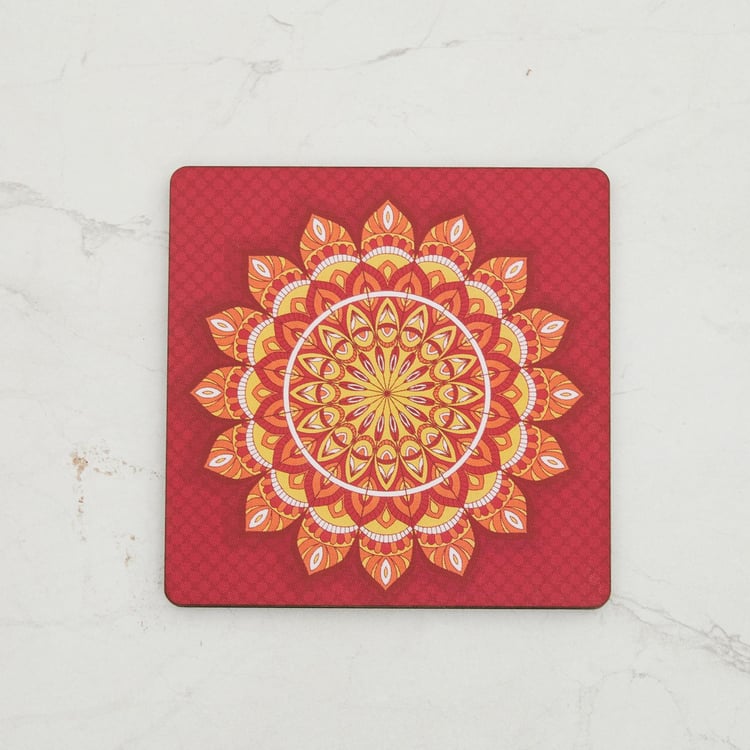 Raisa-Retro Printed Coaster Set - Wood - Coaster 10 cm x 10 cm -Red