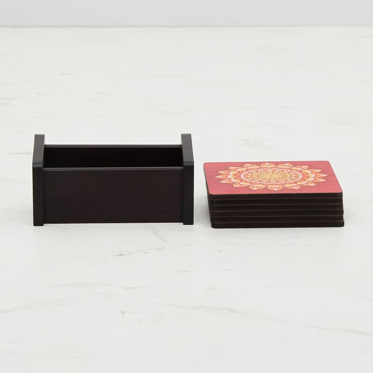 Raisa-Retro Printed Coaster Set - Wood - Coaster 10 cm x 10 cm -Red