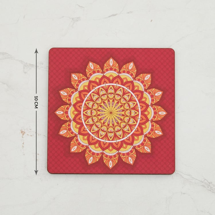 Raisa-Retro Printed Coaster Set - Wood - Coaster 10 cm x 10 cm -Red