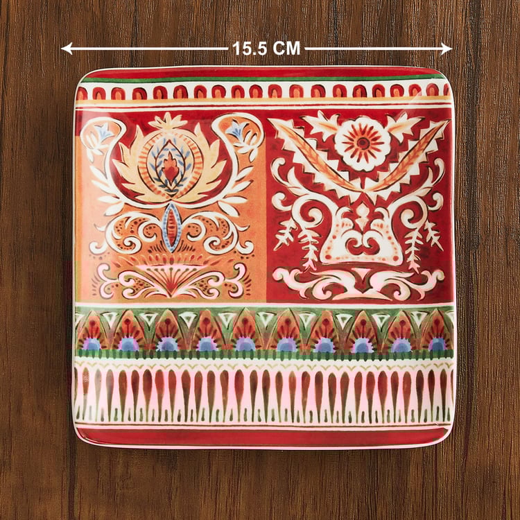 Helina Floral Side Plate - Ceramic - Appetizer Plate 15.5 cm x 15.5 cm -Red