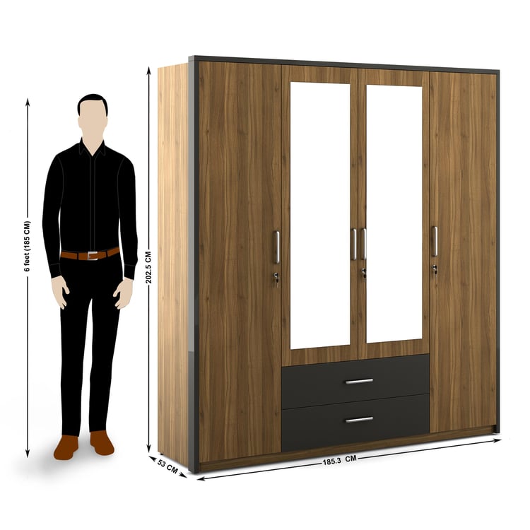 Quadro 4-Door Wardrobe with Mirror and Drawer - Brown