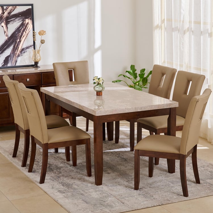 Oxville Marble Top 6-Seater Dining Set with Chairs - Brown