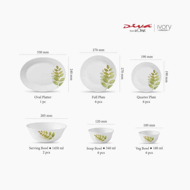 SOLITAIRE Ivory -Autumn Shadow Printed Dinner Set Opal Glass - Set of 27 Pcs