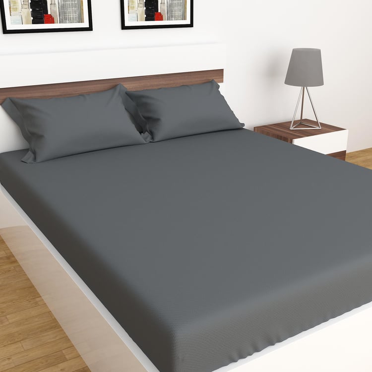 Colour Connect Solid Cotton Fitted Sheet : 1.50 m x 1.95 m, Pillow Cover : 40 cm x 70 cm Grey