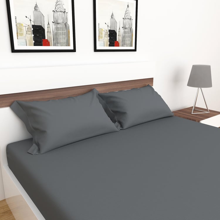 Colour Connect Solid Cotton Fitted Sheet : 1.50 m x 1.95 m, Pillow Cover : 40 cm x 70 cm Grey