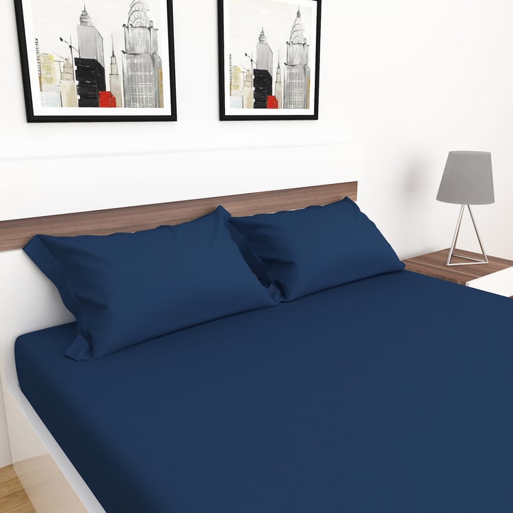 Colour Connect Solid Queen Fitted Sheet - Set Of 3Pcs - Cotton - 154 Tc - Blue