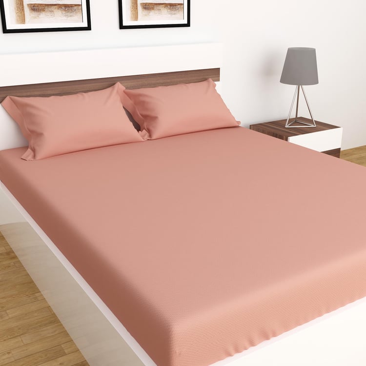 Colour Connect Solid Cotton Fitted Sheet : 1.80 m x 1.95 m, Pillow Cover : 40 cm x 70 cm Peach