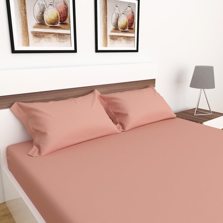 Colour Connect Solid Cotton Fitted Sheet : 1.80 m x 1.95 m, Pillow Cover : 40 cm x 70 cm Peach
