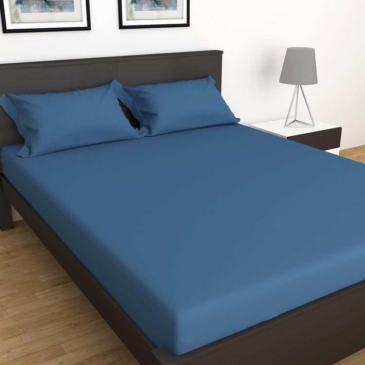 Colour Connect Solid Double Bedsheet  - Set Of 3Pcs - Cotton - 154 Tc  - Blue