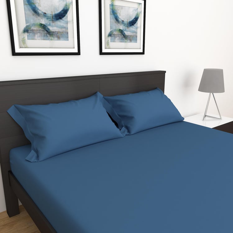 Colour Connect Solid Double Bedsheet  - Set Of 3Pcs - Cotton - 154 Tc  - Blue