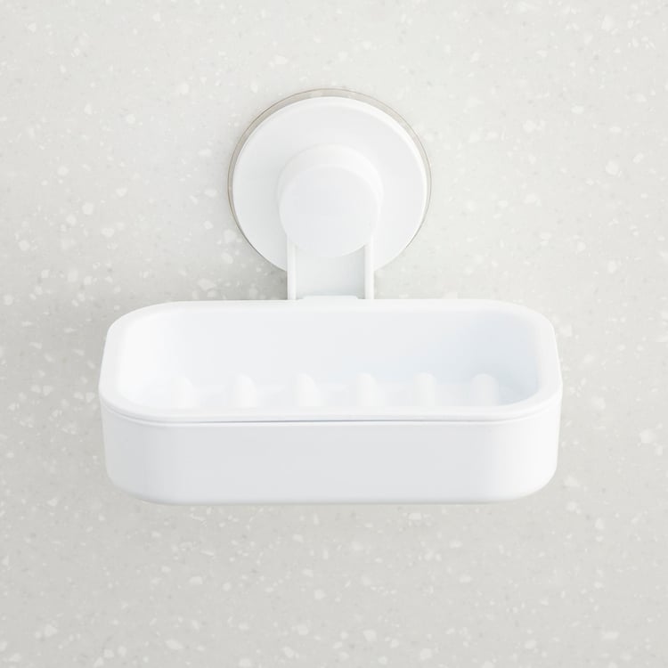Orion White Solid Polypropylene Rectangular Soap Dish With Adhesive and Suction Cup- 13.5x9x11cm