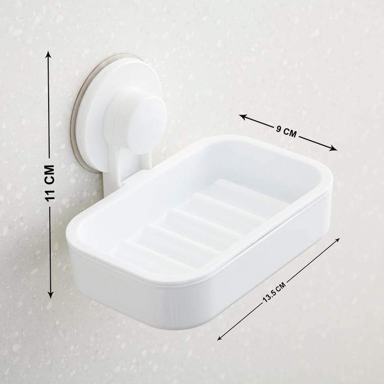 Orion White Solid Polypropylene Rectangular Soap Dish With Adhesive and Suction Cup- 13.5x9x11cm