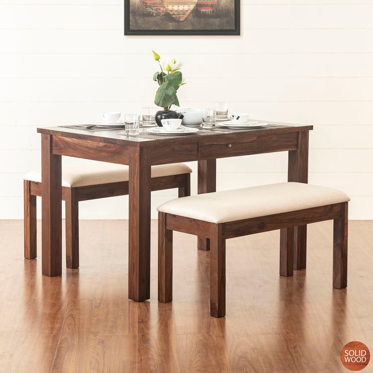 Veda 4-Seater Sheesham Wood Dining Table Set with 2 Benches - Brown