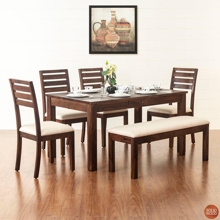 Veda 6-Seater Sheesham Wood Dining Table Set with 4 Chairs and 1 Bench - Brown