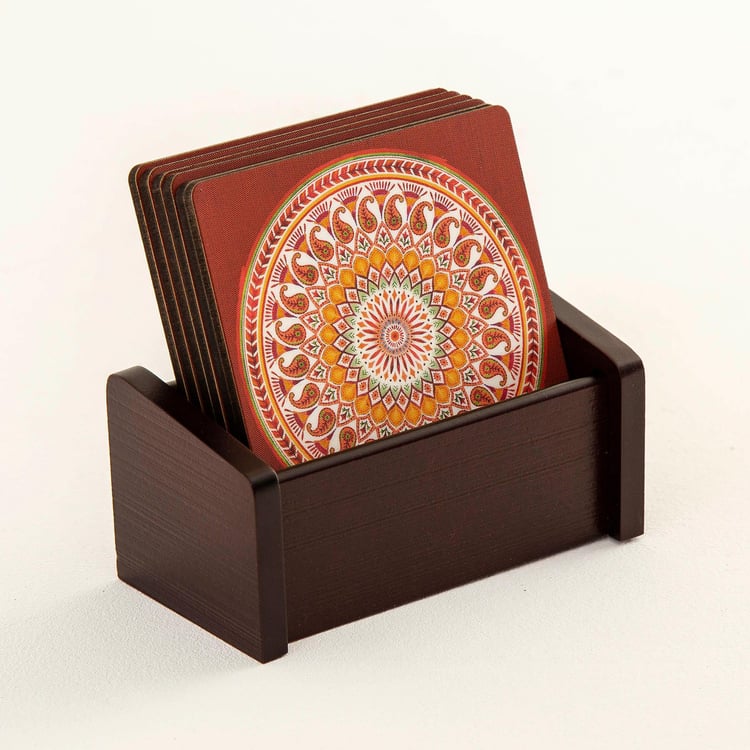 Maris Helina Multicolour Printed Coaster with Stand:- Set of 6