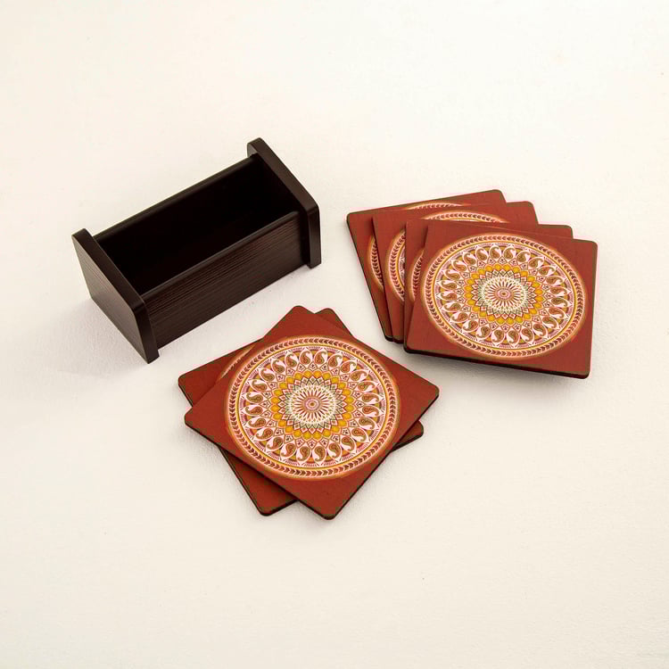 Maris Helina Multicolour Printed Coaster with Stand:- Set of 6