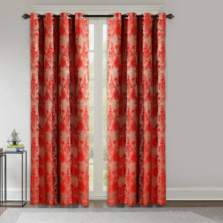 DECO WINDOW Jacquard Red Printed Blackout Door Curtain - 132x228cm - Set of 2