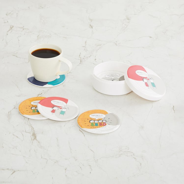 Happiness Printed Round Coasters - Set Of 6