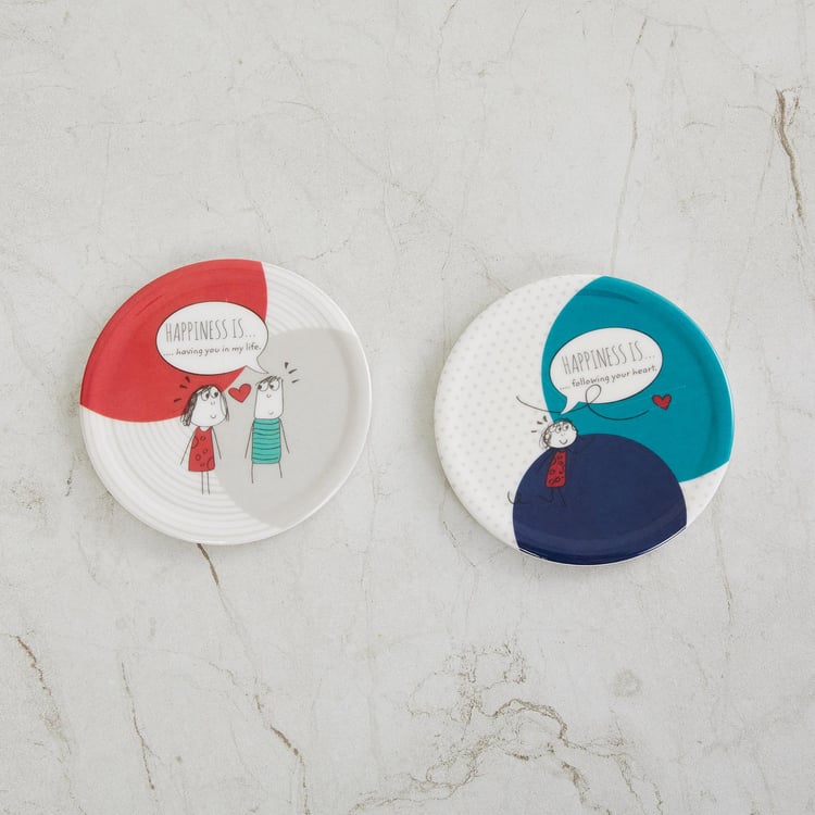 Happiness Printed Round Coasters - Set Of 6