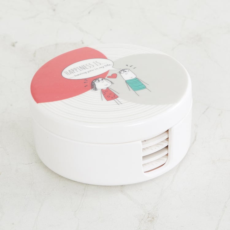 Happiness Printed Round Coasters - Set Of 6