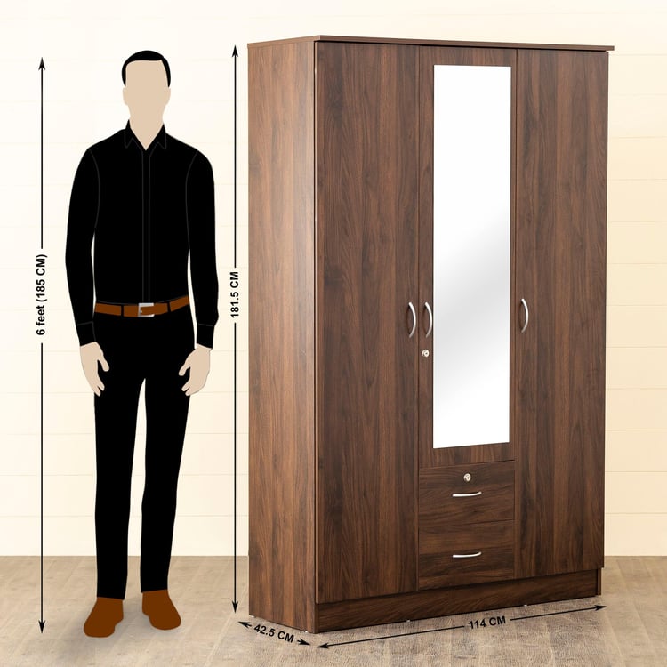 Helios Lewis 3-Door Wardrobe with Mirror and Drawers - Brown