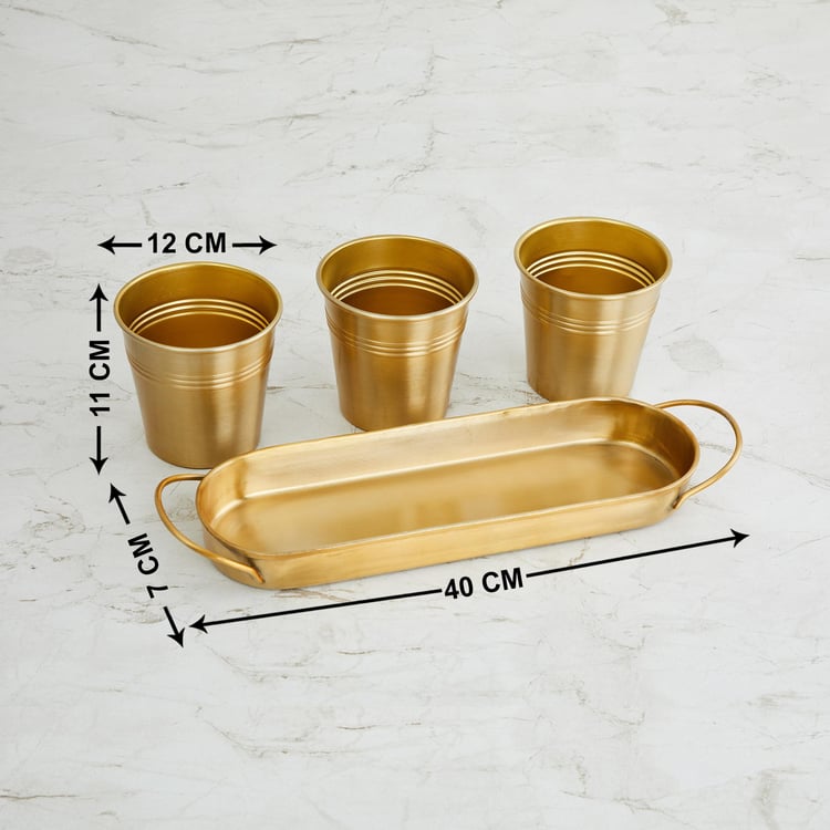 Valencia Gold Solid Metal Planter With Tray - 4Pcs