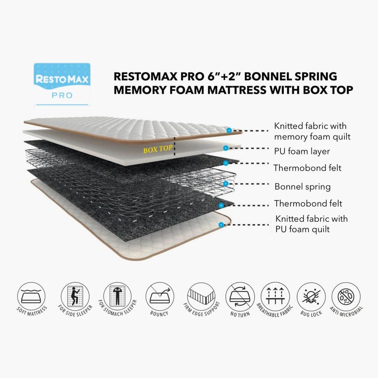 Restomax Pro 6+2 Inches Bonnel Spring Memory Foam Queen Mattress with Box Top, 150x195cm - Beige