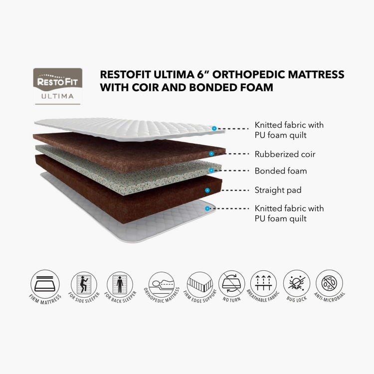 Restofit Ultima 6-Inches Orthopaedic Coir King Mattress with Bonded Foam, 180x195cm - White