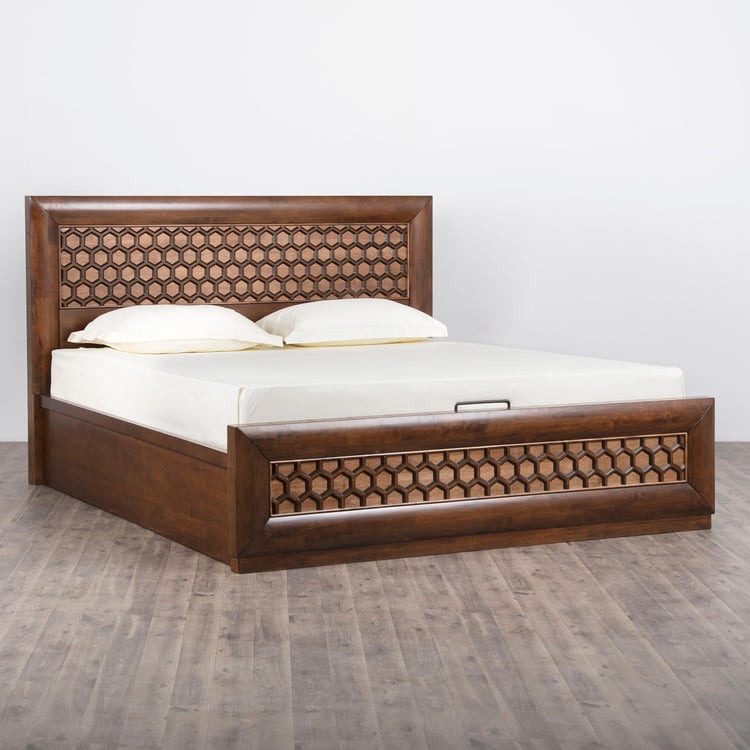 Heritage Mandala Queen Bed with Hydraulic Storage - Brown