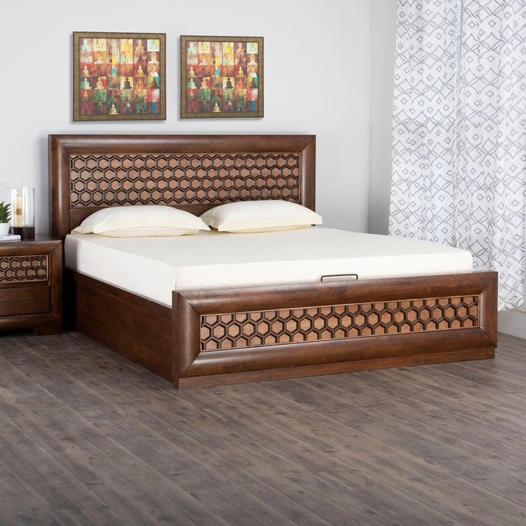 Heritage Mandala Queen Bed with Hydraulic Storage - Brown