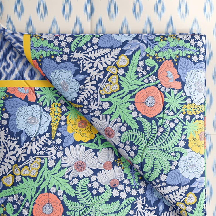 PORTICO Shalimaar Blue Floral Printed Cotton King Comforter - 120GSM