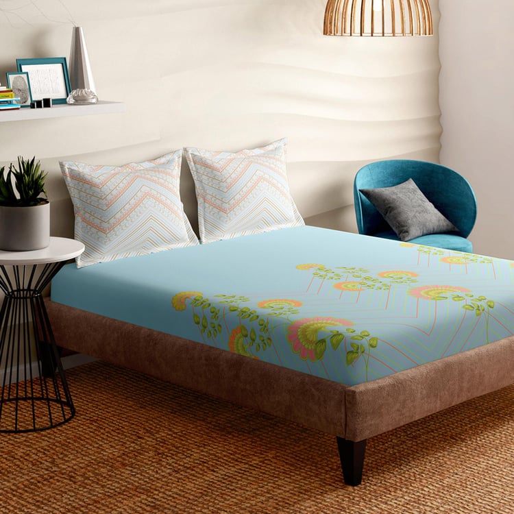 PORTICO Arpita Mehta Sorbet Crush Blue Floral Print Cotton Super King Bedsheet Set – 274x274cm - 3Pcs