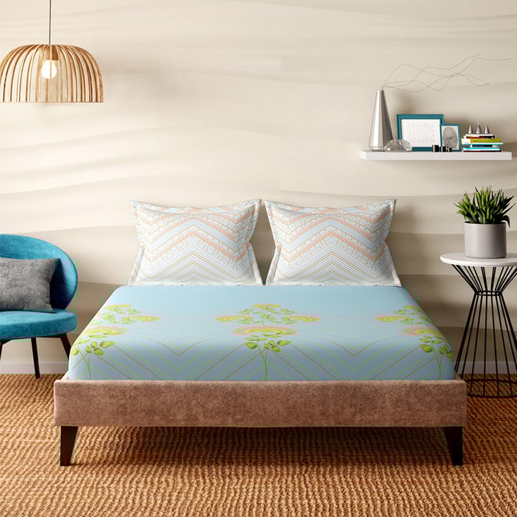 PORTICO Arpita Mehta Sorbet Crush Blue Floral Print Cotton Super King Bedsheet Set – 274x274cm - 3Pcs
