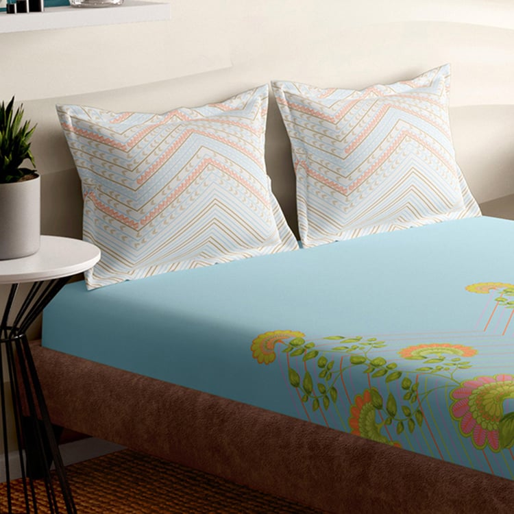 PORTICO Arpita Mehta Sorbet Crush Blue Floral Print Cotton Super King Bedsheet Set – 274x274cm - 3Pcs