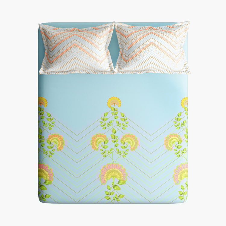 PORTICO Arpita Mehta Sorbet Crush Blue Floral Print Cotton Super King Bedsheet Set – 274x274cm - 3Pcs