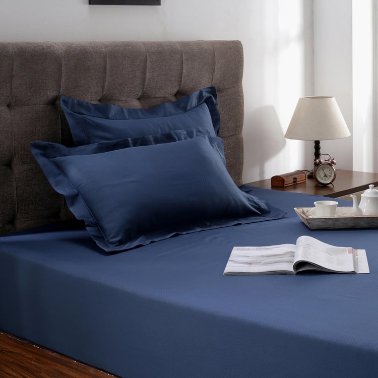 MASPAR Vintage Blue Solid Cotton Super King Bedsheet Set - 275x275cm - 3Pcs