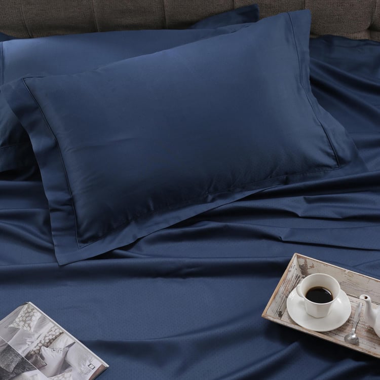 MASPAR Vintage Blue Solid Cotton Super King Bedsheet Set - 275x275cm - 3Pcs