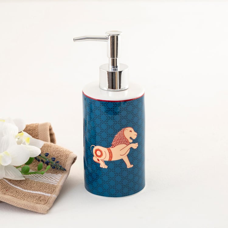 Coromandel Printed Round Single Pc. Soap Dispenser - 7 cm x 7 cm x 18.5 cm - Ceramic - Blue