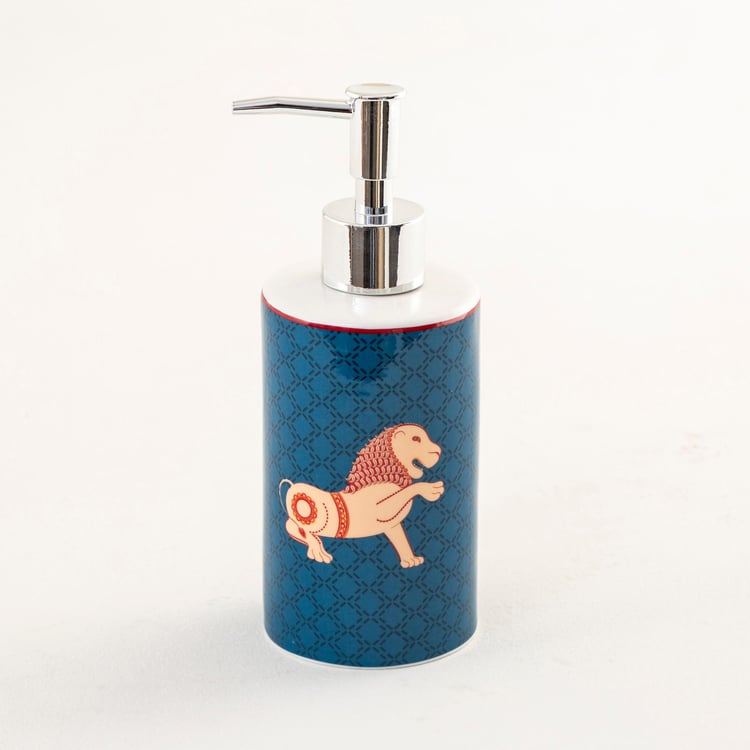 Coromandel Printed Round Single Pc. Soap Dispenser - 7 cm x 7 cm x 18.5 cm - Ceramic - Blue