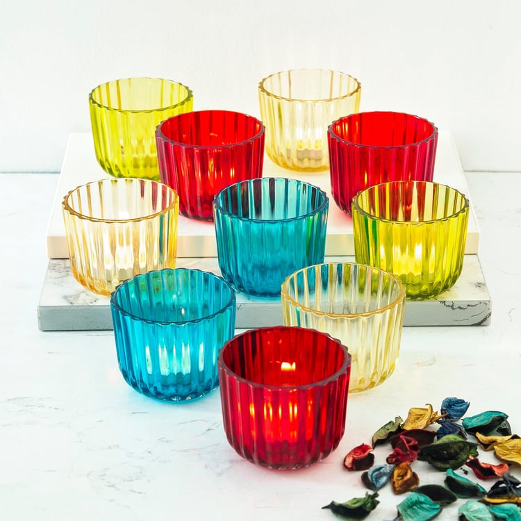 Raga Round Set Of 10Pcs. Fluted T-Light Holder - Glass - Multicolour 